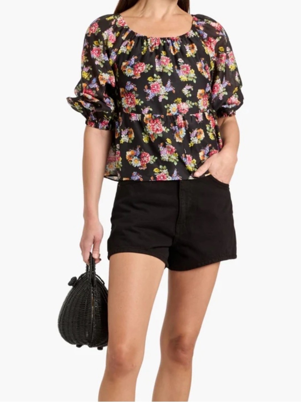 Alice+Olivia Off-Shoulder 30% Silk Blend Boho Lightweight Blouse XS Floral Black